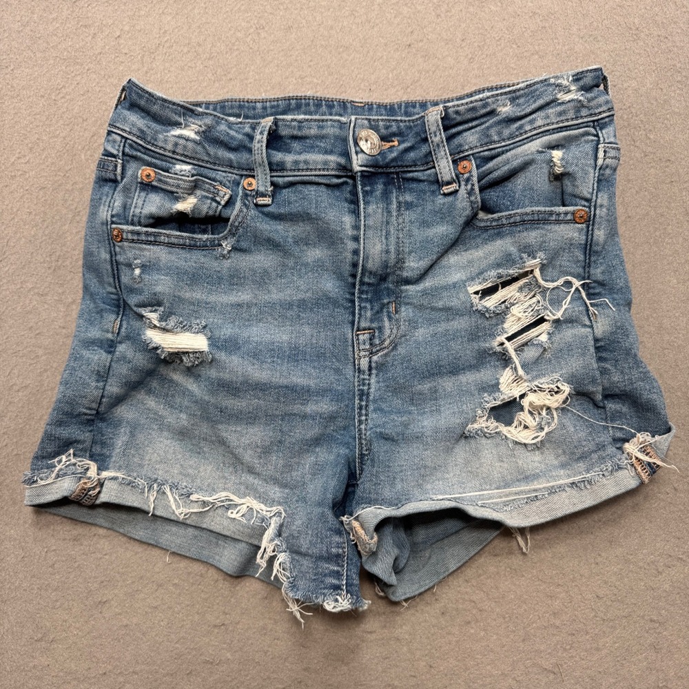 American Eagle Shorts Women's 6 Blue Super Stretch Distressed High Rise Cut Off